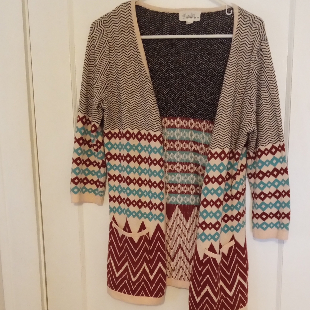 Forever 21 Red and Cream Open-Front Cardigan Sweater